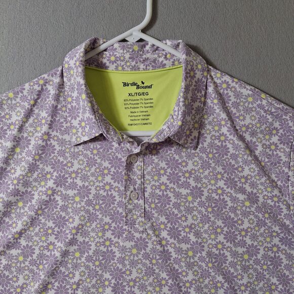 Birdie Bound Polo Men’s Sz XL Purple Yellow Floral Short Sleeve Performance - Picture 2 of 7